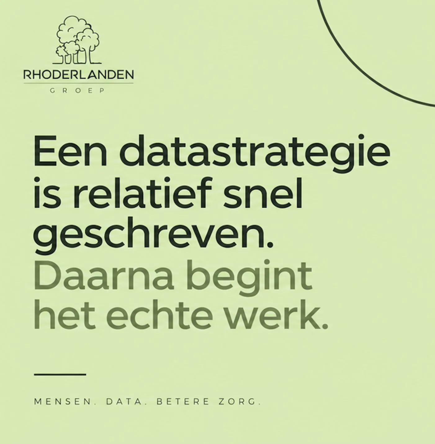 Visual van Rhoderlanden Groep op lichtgroene achtergrond met de tekst ‘Een datastrategie is relatief snel geschreven. Daarna begint het echte werk.’ en daaronder de regel ‘Mensen. Data. Betere zorg.’